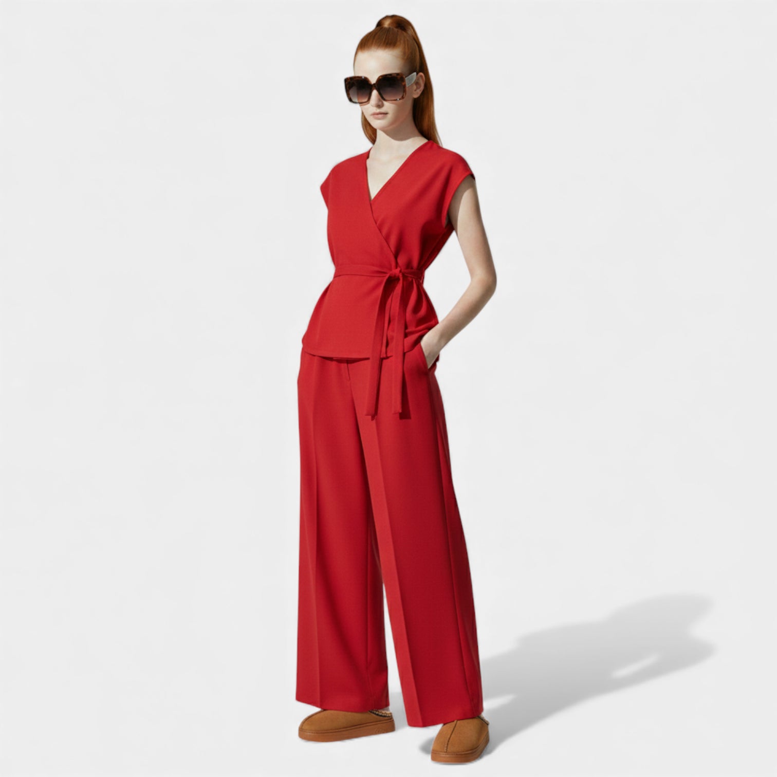 conjunto de dos piezas | blusa cruzada con cuello en v | pantalón ancho plisado