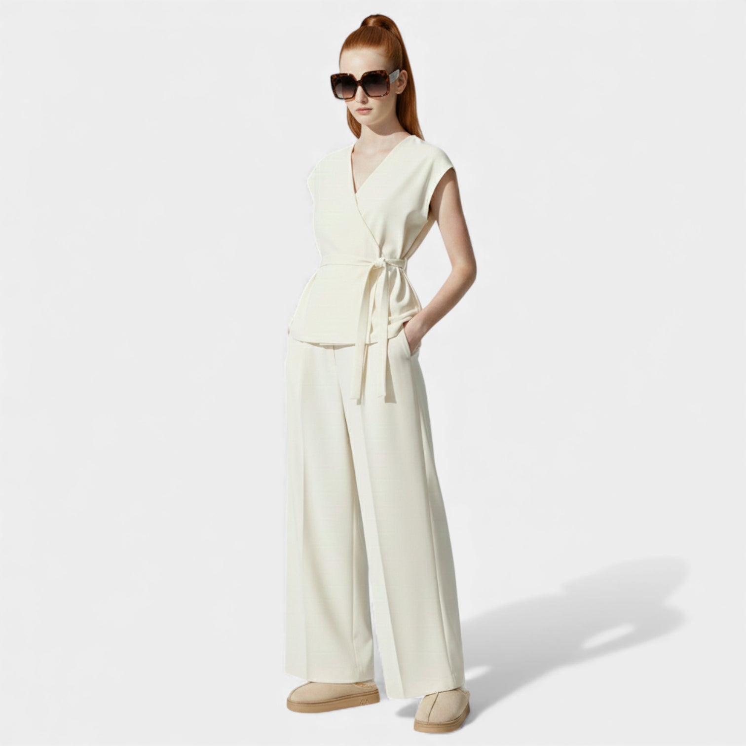 conjunto de dos piezas | blusa cruzada con cuello en v | pantalón ancho plisado